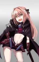 Rule 34 | 1boy, :d, alternate costume, artist name, astolfo (fate), braid, cape, dark persona, fang, fate/apocrypha, fate (series), fur trim, gloves, glowing, glowing eyes, hair ribbon, highres, holding, holding sword, holding weapon, i.f.s.f, long hair, looking at viewer, male focus, midriff, navel, open mouth, pink hair, ribbon, single braid, smile, solo, stomach, sword, trap, twitter username, weapon, yellow eyes