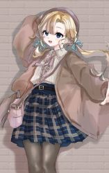 Rule 34 | 1girl, abukuma (kancolle), alternate costume, alternate hairstyle, aqua ribbon, bag, beret, black pantyhose, blonde hair, blue eyes, blush, brick wall, brown cardigan, brown hat, cardigan, commentary request, hair between eyes, hair ribbon, hand on headwear, hat, highres, kamisuiori, kantai collection, long hair, long sleeves, looking at viewer, low twintails, neck ribbon, open mouth, pantyhose, plaid, plaid skirt, pleated skirt, ribbon, shirt, shoulder bag, skirt, solo, twintails, white shirt