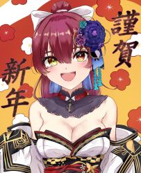 Rule 34 | 1girl, black collar, bow, breasts, cleavage, collar, detached collar, detached sleeves, flower, hair bow, hair flower, hair ornament, heterochromia, high ponytail, highres, hololive, houshou marine, houshou marine (new year), japanese clothes, kimono, large breasts, long hair, looking at viewer, official alternate costume, open mouth, red eyes, red hair, sasai tuki, smile, teeth, upper teeth only, virtual youtuber, white background, white bow, white kimono, yellow eyes