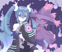 Rule 34 | 1girl, aqua hair, creatures (company), detached sleeves, game freak, gen 4 pokemon, ghost, ghost miku (project voltage), glitch, gradient hair, grey shirt, hair between eyes, hatsune miku, long hair, looking at viewer, mismagius, multicolored hair, necktie, nintendo, pale skin, parted lips, pokemon, pokemon (creature), postonthesuzuki, project voltage, shirt, skirt, twintails, very long hair, vocaloid, will-o&#039;-the-wisp (mythology), yellow eyes