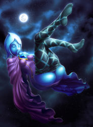 Rule 34 | 1girl, ass, blue skin, breasts, cape, clothes down, colored skin, female focus, fi (zelda), full moon, impossible clothes, leggings, leggings pull, moon, nintendo, no arms, pantyhose, smile, solo, the legend of zelda, the legend of zelda: skyward sword, yuqoi