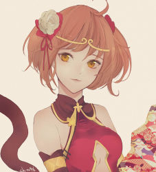 Rule 34 | 1girl, bad id, bad pixiv id, breasts, brown hair, cat tail, character cutout, detached sleeves, fate/grand order, fate (series), flower, fujimaru ritsuka (female), fujimaru ritsuka (female) (the three great heroes), grey background, hair between eyes, head tilt, looking at viewer, medium breasts, official alternate costume, parted lips, shino (mufn5785), short hair, simple background, solo, tail, upper body, white flower, yellow eyes