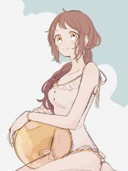 Rule 34 | 1girl, ball, bare arms, bare legs, beachball, blush, bracelet, breasts, brown hair, closed mouth, flat color, frills, highres, jewelry, long hair, looking at viewer, maco22, one-piece swimsuit, original, seiza, simple background, sitting, sketch, small breasts, smile, solo, swimsuit, wet, white background, white one-piece swimsuit, yellow eyes