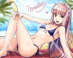 Rule 34 | 1girl, alcohol, aono shimo, bad id, bad twitter id, beach, bikini, blunt bangs, breasts, champagne, champagne flute, character name, cup, drinking glass, fate/grand order, fate (series), front-tie bikini top, front-tie top, full body, heart, holding, long hair, looking at viewer, medb (fate), medium breasts, navel, ocean, open mouth, pink hair, purple bikini, side-tie bikini bottom, smile, solo, stomach, swimsuit, tiara, yellow eyes