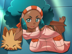 Rule 34 | 10s, 1girl, afro, apron, ass, awa, barefoot, black panties, bra strap, breasts, cleavage, cleavage reach, creatures (company), dark skin, from above, game freak, gen 5 pokemon, green eyes, green hair, gym leader, hairband, kneeling, lace, lace-trimmed panties, lace trim, lenora (pokemon), lillipup, naked apron, nearly naked apron, nintendo, panties, pokemon, pokemon (creature), pokemon bw, sidelocks, underwear