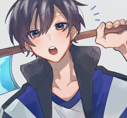 Rule 34 | 1boy, 90 (ku wo1027), :o, black hair, black jacket, blue eyes, blue jacket, blue shirt, collarbone, collared jacket, commentary, double-parted bangs, fingernails, gradient hair, hair between eyes, hoe, holding, holding behind back, holding hoe, jacket, kintoki (white tails), light blush, long bangs, long neck, looking at viewer, male focus, minecraft, multicolored clothes, multicolored eyes, multicolored hair, multicolored jacket, notice lines, open clothes, open jacket, open mouth, pink nails, shirt, short hair, simple background, solo, t-shirt, teeth, two-tone shirt, upper body, upper teeth only, virtual youtuber, white jacket, white shirt, white tails, yellow eyes