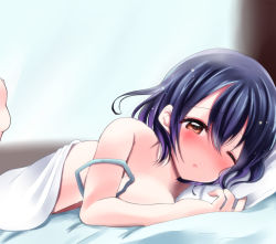 Rule 34 | 10s, 1girl, aftersex, bad id, bad pixiv id, barefoot, bed, black hair, blush, breasts, brown eyes, artistic error, haguro (kancolle), kantai collection, looking at viewer, one eye closed, parted lips, personification, sakurada mei, short hair, solo, strap slip, wink