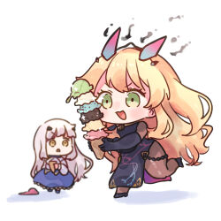 Rule 34 | 2girls, black gloves, blonde hair, dress, elbow gloves, eyebrows hidden by hair, barghest (fate), melusine (fate), fate/grand order, fate (series), food, gloves, green eyes, hair between eyes, hair ornament, hairclip, highres, holding, holding food, ice cream, long hair, looking at another, multiple girls, open mouth, running, shigure (ffrh7824), skirt, smile, white hair, yellow eyes