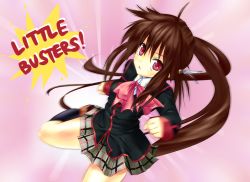 Rule 34 | 1girl, bow, brown hair, kicking, kotsu, little busters!, long hair, motion blur, natsume rin, pink bow, ponytail, red eyes, school uniform, solo