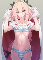 Rule 34 | 1boy, artist name, astolfo (fate), astolfo (sparkling frills) (fate), bare shoulders, bikini, braid, braided ponytail, bulge, cape, collarbone, commentary request, cowboy shot, eyes visible through hair, fate/apocrypha, fate (series), grey background, hair between eyes, hair intakes, haoro, licking lips, long hair, looking at viewer, male focus, midriff, multicolored hair, navel, off-shoulder bikini, off shoulder, official alternate costume, pink hair, purple eyes, simple background, solo, stomach, streaked hair, striped bikini, striped clothes, swimsuit, tongue, tongue out, trap, twitter username, two-tone hair, watermark, white hair