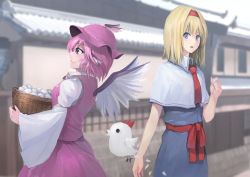 Rule 34 | 2girls, alice margatroid, basket, bird, blonde hair, blue eyes, blush, character request, chicken, closed mouth, cookie (touhou), egg, hairband, hinase (cookie), holding, holding basket, ichiba youichi, long sleeves, looking at viewer, looking away, multiple girls, mystia lorelei, outdoors, parted lips, pink eyes, pink hair, short hair, smile, touhou