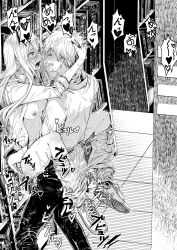 Rule 34 | 1boy, 1girl, ahegao, black pants, blouse, blush, book, bookshelf, breasts, chainsaw man, clenched teeth, closed eyes, clothed sex, clothes pull, collared shirt, cum, cum in pussy, denim, denji (chainsaw man), fangs, fingernails, from side, greyscale, hair between eyes, hands on another&#039;s head, heart, hetero, highres, horns, japanese text, lifting person, long fingernails, long hair, monochrome, nipples, nukisabi, open clothes, open shirt, pants, pants pull, power (chainsaw man), rolling eyes, saliva, sex, sharp fingernails, sharp teeth, shirt, shoes, short hair, sound effects, suspended congress, teeth