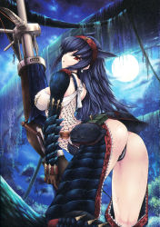 Rule 34 | 1girl, arched back, armor, ass, bikini, black hair, breasts, capcom, covered erect nipples, earrings, fishnets, forest, from behind, full moon, gauntlets, headband, highres, huge weapon, jewelry, kizuki aruchu, large breasts, long hair, looking back, monster hunter (series), moon, nargacuga (armor), nature, night, open mouth, outdoors, red eyes, scales, scan, scan artifacts, solo, swimsuit, thong, thong bikini, water, weapon, wet