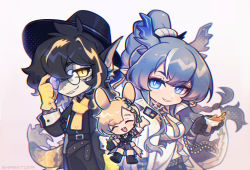Rule 34 | 1boy, 2girls, adjusting eyewear, animal ears, arknights, artist name, black footwear, black hair, black headwear, black shorts, black vest, blonde hair, blue eyes, blue hair, braid, breasts, chalice, chibi, closed eyes, collared shirt, commentary, cowboy shot, cup, dragon horns, english commentary, fedora, full body, furry, furry male, glasses, gloves, hat, highres, holding, holding cup, horns, kroos (arknights), kroos the keen glint (arknights), lee (arknights), ling (arknights), long hair, long sleeves, looking at viewer, multiple girls, open clothes, open mouth, parted lips, pointy ears, rabbit ears, sharktuna, shirt, shorts, smile, tail, teeth, upper teeth only, vest, white shirt, yellow eyes, yellow gloves