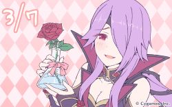 Rule 34 | 1girl, bare shoulders, breasts, bridal gauntlets, cleavage, cleavage cutout, clothing cutout, copyright notice, cygames, erlenmeyer flask, flask, flower, hair over one eye, highres, mitsuki (princess connect!), official art, one eye covered, princess connect!, purple hair, red background, red eyes, rose, solo