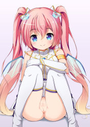 Rule 34 | 1girl, angelic buster, blonde hair, blue eyes, blush, bow, cleft of venus, closed mouth, fat mons, female focus, gloves, gradient hair, hair between eyes, hair bow, light purple hair, long hair, looking at viewer, maplestory, multicolored hair, nekono rin, no panties, pink hair, purple background, pussy, shiny skin, simple background, sitting, smile, solo, thighhighs, twintails, uncensored, white background, white gloves, white thighhighs, wings