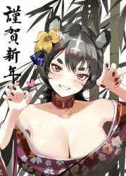 Rule 34 | 1girl, absurdres, animal collar, animal ears, bare shoulders, black hair, blush, breasts, calligraphy, claw pose, cleavage, collar, collarbone, floral print, flower, grin, hair flower, hair ornament, happy new year, head tilt, highres, japanese clothes, kawa683, kimono, large breasts, nail polish, nengajou, new year, off shoulder, original, purple eyes, smile, thick eyebrows, tiger, tiger ears, tiger stripes, translation request, tsurime, upper body