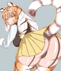 Rule 34 | 1girl, absurdres, animal ears, animal print, ass, ass focus, bad id, bad pixiv id, black hair, black panties, cowboy shot, extra ears, from behind, garter straps, grey background, highres, kemono friends, leaning forward, light brown hair, long hair, long sleeves, looking at viewer, looking back, low-tied long hair, miniskirt, morimasakazu, multicolored hair, panties, parted lips, print thighhighs, shirt, siberian tiger (kemono friends), sidelocks, simple background, skirt, solo, streaked hair, sweater vest, tail, thighhighs, tiger ears, tiger print, tiger tail, twintails, underwear, upper body, white hair, yellow eyes
