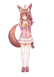 Rule 34 | 1girl, ahoge, animal ears, arm behind back, arm up, bag, brown eyes, brown hair, dog ears, dog tail, finger to mouth, flower, full body, hair flower, hair ornament, highres, kemo (pokka), long hair, long tail, open mouth, original, pink shirt, shirt, shoes, skirt, solo, tail, thighhighs, thighs, white skirt, white thighhighs