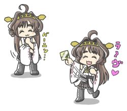 Rule 34 | 1girl, :3, ahoge, black skirt, boots, brown hair, chibi, closed eyes, detached sleeves, double bun, facing viewer, ferret-san, hair bun, hairband, headgear, holding, japanese clothes, kantai collection, kongou (kancolle), long hair, multiple views, pleated skirt, ribbon-trimmed sleeves, ribbon trim, simple background, skirt, smile, standing, thick eyebrows, thigh boots, white background