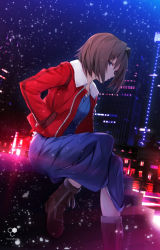 Rule 34 | 1girl, bee doushi, blue eyes, blue kimono, boots, brown footwear, brown hair, building, collared jacket, commentary request, cross-laced footwear, fate/grand order, fate (series), hair intakes, hand in pocket, jacket, japanese clothes, kara no kyoukai, kimono, lace-up boots, long sleeves, night, night sky, open clothes, open jacket, outdoors, red jacket, ryougi shiki, short hair, sitting, sky, snowing, solo, watermark