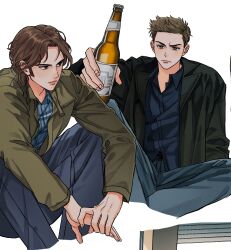Rule 34 | 2boys, beer bottle, blonde hair, bottle, brothers, brown hair, cropped legs, dailysarndean, dean winchester, green eyes, highres, holding, holding bottle, male focus, mole, mole on cheek, multiple boys, sam winchester, short hair, siblings, simple background, sitting, supernatural (tv series), white background