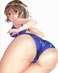 Rule 34 | 1girl, ass, ass focus, blue eyes, cameltoe, competition swimsuit, foreshortening, grey hair, looking at viewer, love live!, love live! school idol project, love live! sunshine!!, nanasumi (pantie party project), one-piece swimsuit, open mouth, shiny skin, short hair, simple background, solo, swimsuit, watanabe you, white background