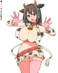 Rule 34 | 1girl, alternate breast size, animal ears, animal print, bell, black hair, breasts, collar, color guide, cosplay, cow, cow ears, cow horns, cow print, cow tail, cowbell, earphones, gloves, green eyes, horns, idolmaster, idolmaster cinderella girls, large breasts, limited palette, long hair, midriff, miniskirt, oikawa shizuku, oikawa shizuku (cosplay), pink gloves, pink thighhighs, shibuya rin, skirt, smile, spot color, tail, thighhighs, toriga naku, white background