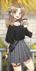 Rule 34 | 1girl, :d, absurdres, bag, bendy straw, between breasts, black shirt, blush, bow, breasts, brick wall, brown eyes, brown hair, cellphone, coffee cup, commentary request, cup, day, disposable cup, drinking straw, goback, grey skirt, hair bow, hair bun, hand up, highres, holding, holding cup, holding phone, ichikawa hinana, idolmaster, idolmaster shiny colors, medium breasts, open mouth, outdoors, parted bangs, phone, plaid, plaid skirt, plant, pleated skirt, railing, shirt, shoulder bag, side bun, single hair bun, single side bun, skirt, smile, solo, strap between breasts, white bow