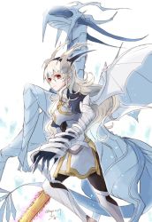 Rule 34 | 1girl, armor, claws, closed mouth, corrin (dragon) (fire emblem), corrin (female) (fire emblem), corrin (fire emblem), dated, dragon, fire emblem, fire emblem fates, from side, horns, long hair, looking to the side, nintendo, pointy ears, red eyes, robaco, simple background, solo, sword, twitter username, weapon, white background, white hair, wings