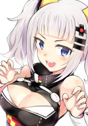 Rule 34 | 1girl, blue eyes, blunt bangs, breasts, claw pose, cleavage, cleavage cutout, clothing cutout, framed breasts, hair ornament, kaguya luna, looking at viewer, lower teeth only, medium breasts, obi, open mouth, p book, ribbon, sash, short hair, silver hair, simple background, sleeveless, solo, teeth, the moon studio, twintails, upper body, upper teeth only, virtual youtuber, white background, white ribbon, wrist ribbon, x hair ornament