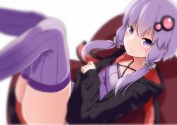 Rule 34 | 1girl, blurry, depth of field, dress, facing viewer, flat chest, hair ornament, hairpin, hood, hooded jacket, jacket, looking at viewer, low twintails, lying, no panties, on back, open clothes, open jacket, purple dress, purple eyes, purple hair, purple thighhighs, ribbed sweater, shirosaki rio, short hair with long locks, solo, striped clothes, striped thighhighs, sweater, thighhighs, twintails, vocaloid, voiceroid, yuzuki yukari