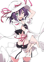 Rule 34 | 1girl, ;d, fang, green eyes, hat, ixy, looking at viewer, merry christmas, merry nightmare, midriff, navel, one eye closed, open mouth, purple hair, short hair, simple background, smile, solo, standing, thighhighs, v-shaped eyebrows, white background, white hat, yumekui merry