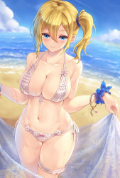 Rule 34 | 1girl, alternate costume, bare arms, bare shoulders, beach, bikini, blonde hair, blue eyes, blue scrunchie, blue sky, blush, bracelet, breasts, bridal garter, cleavage, closed mouth, cloud, collarbone, commentary request, cowboy shot, curvy, day, front-tie bikini top, front-tie top, gluteal fold, hair between eyes, hair ornament, hair scrunchie, halterneck, hayasaka ai, highres, holding, holding sarong, jewelry, kaguya-sama wa kokurasetai ~tensai-tachi no renai zunousen~, large breasts, looking at viewer, makirin, navel, ocean, outdoors, sand, scrunchie, shadow, shore, side-tie bikini bottom, side ponytail, sidelocks, skindentation, sky, smile, solo, standing, stomach, sweat, swimsuit, thigh strap, thighs, water, wet, white bikini, wrist scrunchie