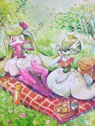 Rule 34 | 2girls, absurdres, backpack, bag, basket, berry (pokemon), blueberry tea, bob cut, boots, brown flower, closed eyes, colored skin, covered mouth, creatures (company), cup, day, drink, female focus, flat chest, flower, food, full body, game freak, gardevoir, gen 3 pokemon, gen 7 pokemon, gloves, grass, green flower, green hair, green shirt, hair between eyes, half-closed eyes, hand up, highres, holding, holding cup, holding drink, leaning back, light rays, long hair, looking down, mega gardevoir, mega pokemon, monster girl, multicolored skin, multiple girls, nintendo, notice lines, o3o, oran berry, outdoors, picnic, plant girl, pokemon, pokemon (creature), purple footwear, purple skin, red eyes, red flower, rug, shirt, short hair, sitting, skirt, steam, swept bangs, teacup, thermos, thigh boots, traditional media, tree, tsareena, two-tone skin, very long hair, white flower, white gloves, white skin, white skirt, yellow flower