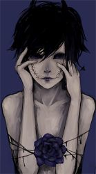 Rule 34 | 1boy, arrow (projectile), black hair, blue eyes, blue flower, blue lips, blue rose, blue theme, blush, child, closed mouth, collarbone, dripping, eyelashes, flower, hands on own face, horns, lips, livly island, male focus, pale skin, personification, renos, rose, scar, topless male, simple background, solo, spiked hair, stitches, upper body