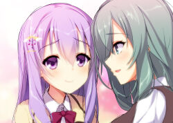 Rule 34 | 2girls, aqua eyes, aqua hair, aria (koiiroharemoyou), blurry, blurry background, blush, bow, bowtie, brown vest, closed mouth, collar, commentary, eyelashes, friends, furrowed brow, hair between eyes, hair ornament, hairclip, ise kotori, jacket, light purple hair, lips, long hair, looking at another, multiple girls, open mouth, profile, purple eyes, red bow, red bowtie, riddle joker, school uniform, shikibe mayu, shirt, sidelocks, simple background, smile, vest, white collar, white shirt, wing hair ornament, yellow jacket, yuzu-soft