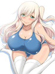 Rule 34 | 1girl, aoiakira553, bare shoulders, blonde hair, blue eyes, blush, breasts, cleavage, collarbone, huge breasts, jpeg artifacts, lips, long hair, looking at viewer, one-piece swimsuit, pink hair, side ponytail, sitting, solo, swimsuit, thick thighs, thighhighs, thighs, very long hair, white thighhighs