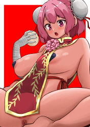 Rule 34 | 1girl, anus, areola slip, bandaged arm, bandages, blush, breasts, bun cover, chestnut mouth, commentary request, double bun, flower, food, hair bun, heart pasties, highres, himajin noizu, holding, holding food, ibaraki kasen, large breasts, looking at viewer, medium bangs, naked tabard, open mouth, pasties, pink eyes, pink flower, pink hair, red background, short hair, simple background, solo, tabard, teeth, touhou, two-tone background, upper teeth only, white background