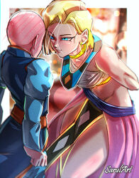 Rule 34 | 1boy, 1girl, absurdres, alternate costume, android 18, arm behind back, bald, blonde hair, blue eyes, blush, dragon ball, dragon ball super, earrings, face-to-face, feet out of frame, hands behind, highres, jewelry, kuririn, light blush, muscular, muscular female, sarulart, short hair, size difference, smile