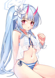 Rule 34 | 1girl, absurdres, bikini, blue archive, blue hair, breasts, chise (blue archive), cowboy shot, flower, hair flower, hair ornament, halo, highres, horns, iznal, looking at viewer, oni horns, red eyes, red horns, sailor collar, see-through, see-through shirt, shirt, side-tie bikini bottom, side ponytail, simple background, small breasts, solo, striped bikini, striped clothes, swimsuit, white background, white sailor collar, white shirt, wristband