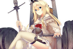 Rule 34 | 10s, 1girl, black hat, blonde hair, blue eyes, blush, bow, braid, breasts, cleavage, crossed legs, dress, french braid, garter straps, glint, hair between eyes, hairband, hat, highres, jewelry, jun project, kantai collection, long hair, long sleeves, looking at viewer, machinery, medium breasts, necklace, off-shoulder dress, off shoulder, red bow, simple background, sitting, solo, thighhighs, thighs, throne, warspite (kancolle), white background, yellow dress, yellow thighhighs, zettai ryouiki