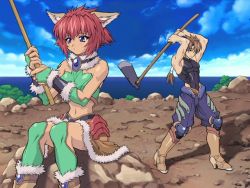 Rule 34 | 1boy, 1girl, adze, axe, bare shoulders, blue eyes, boots, brave soul, brown hair, cloud, day, fishing, fishing rod, fur, game cg, high heels, holding, holding fishing rod, marin (brave soul), midriff, mogudan, muscular, navel, outdoors, ponytail, red hair, rock, rudy, rudy (brave soul), shoes, short hair, sitting, skin tight, skirt, sky, tattoo, thighhighs, thighs, water, weapon