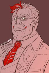 Rule 34 | 1boy, bara, brown background, crave saga, dated, dress shirt, eschados (crave saga), facial hair, formal, glasses, highres, jacket, kazuo tashishi, looking at viewer, male focus, monochrome, multicolored hair, muscular, muscular male, mustache, necktie, old, old man, orange eyes, portrait, red hair, red necktie, shirt, spot color, thick eyebrows, two-tone hair, white hair