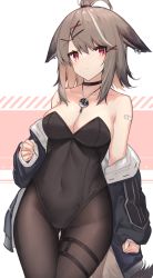 Rule 34 | 1girl, absurdres, ahoge, alternate costume, animal ears, arknights, bandaid, bandaid on shoulder, bare shoulders, black choker, black jacket, black leotard, blush, breasts, brown pantyhose, choker, cleavage, collarbone, covered navel, cowboy shot, cutter (arknights), fox ears, gluteal fold, hair ornament, hairclip, highres, jacket, jewelry, leotard, long sleeves, looking at viewer, medium breasts, necklace, nontraditional playboy bunny, open clothes, open jacket, pantyhose, playboy bunny, red eyes, solo, strapless, strapless leotard, thigh gap, two-tone background, x hair ornament, yki