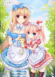 Rule 34 | 2girls, age difference, alice (alice in wonderland), alice in wonderland, animal ears, apron, black legwear, blonde hair, blue eyes, blush, bow, breasts, cleavage, dress, duji amo, flat chest, height difference, large breasts, long hair, maid headdress, multiple girls, onee-loli, orange eyes, pantyhose, rabbit ears, ribbon, skirt, striped clothes, striped legwear, striped pantyhose, stuffed animal, stuffed tiger, stuffed toy, thighhighs, wrist cuffs, yuri