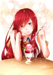 Rule 34 | 1girl, blouse, brown eyes, chair, erza scarlet, fairy tail, female focus, food, fruit, glass, highres, ice cream, looking at viewer, okamiuraaoi, red hair, shirt, sitting, sleeveless, smile, solo, spoon, strawberry, sundae, table, upper body, wafer stick