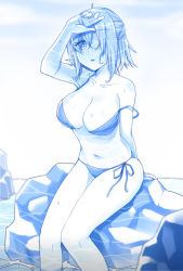 Rule 34 | 1girl, aer (tengqiu), bikini, blue theme, breasts, hair over one eye, highres, hot, large breasts, looking at viewer, monochrome, open mouth, prince of wales (warship girls r), reflection, rock, short hair, side-tie bikini bottom, sitting, solo, strap slip, sweat, swimsuit, warship girls r, water