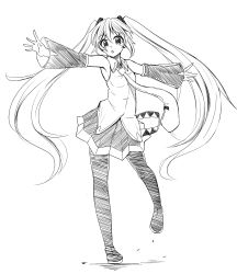 Rule 34 | 1girl, greyscale, hatsune miku, highres, kazenoko, long hair, looking at viewer, monochrome, simple background, sketch, skirt, solo, vocaloid, white background