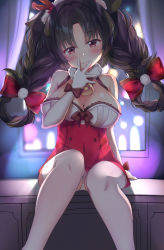 Rule 34 | 1girl, animal ears, aono (f i s), azur lane, bare shoulders, bell, blurry, blurry background, blush, bow, braid, braided hair rings, breasts, brown hair, christmas, cleavage, closed mouth, commentary request, curtains, depth of field, dress, elbow gloves, fur collar, gloves, hair between eyes, hair bow, hair rings, hand up, head tilt, highres, large breasts, long hair, looking at viewer, ooshio (azur lane), ooshio (the reindeer&#039;s present) (azur lane), panties, parted bangs, red bow, red dress, red eyes, sitting, smile, solo, thighhighs, twin braids, twintails, underwear, white gloves, white panties, white thighhighs, window
